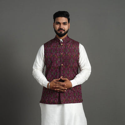 Purple - Silk Cotton Handwoven Pochampally Ikat Nehru Jacket 10