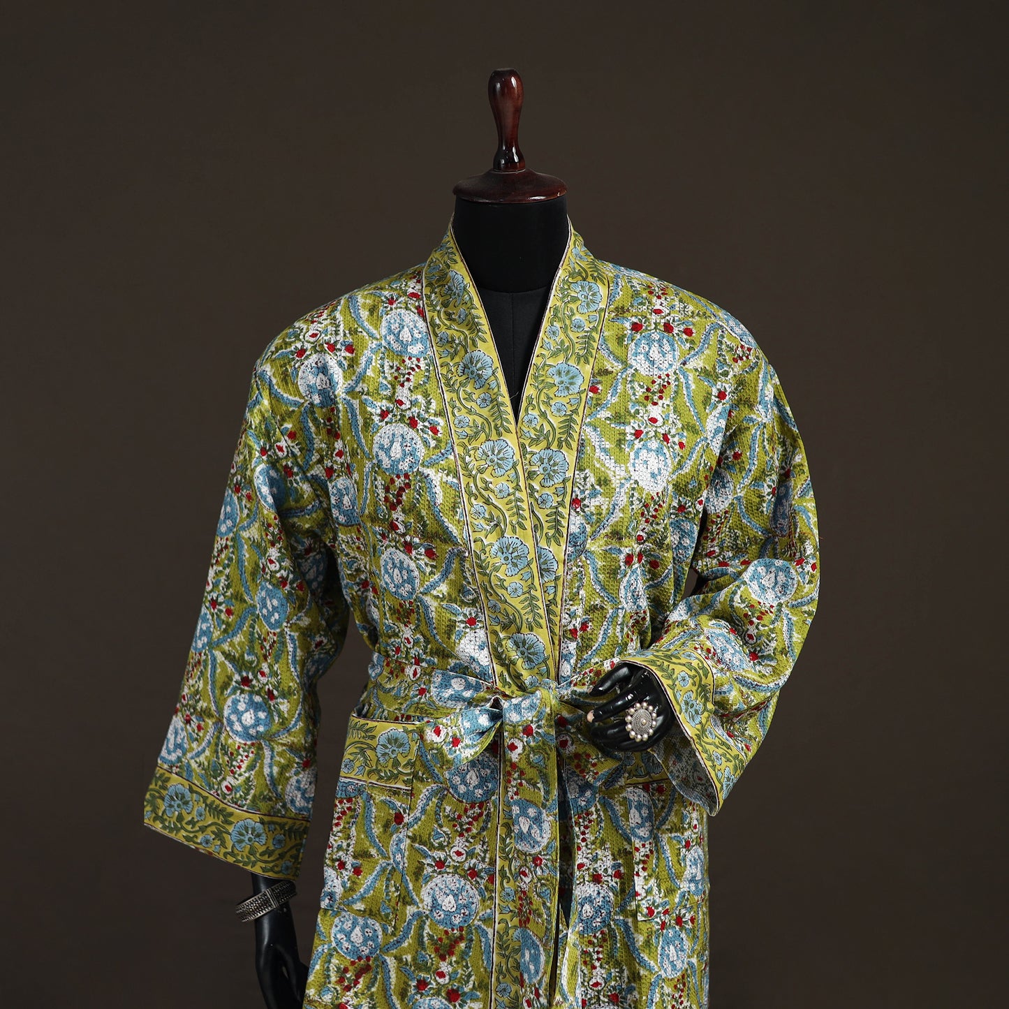 Sanganeri Hand Block Print Waffle Weave Cotton Bath Robe 01