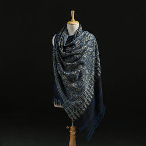 Blue - Kutch Handwoven Ajrakh Hand Block Print Merino Wool Shawl  48