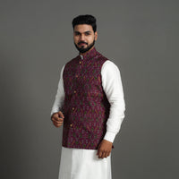 Purple - Silk Cotton Handwoven Pochampally Ikat Nehru Jacket 10