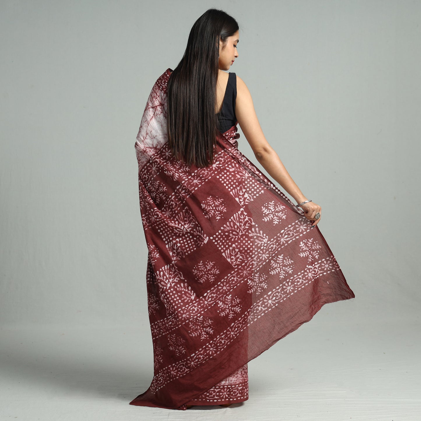 Brown - Hand Batik Printed Cotton Saree with Blouse Piece 68