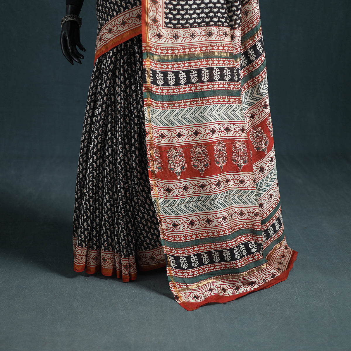 Bagru Hand Block Print Natural Dyed Mulberry Silk Saree 22