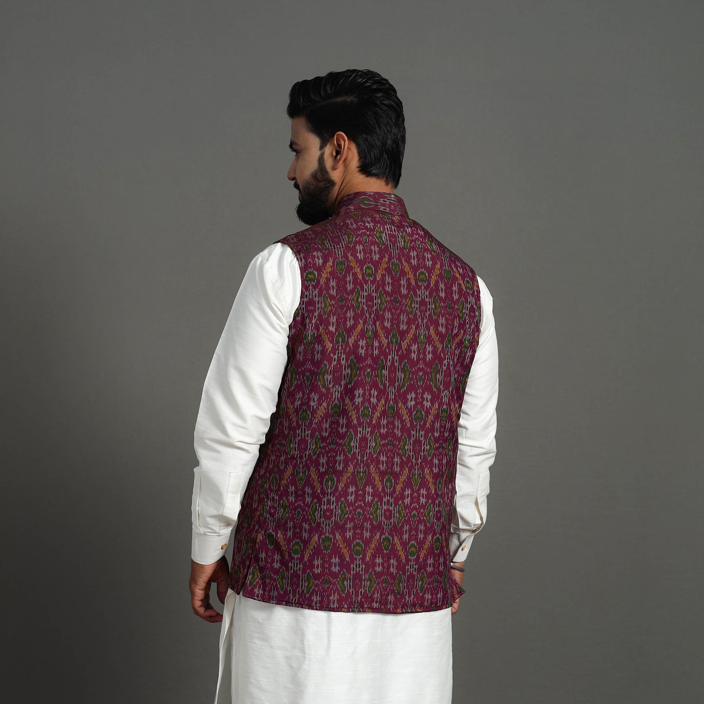 Purple - Silk Cotton Handwoven Pochampally Ikat Nehru Jacket 10