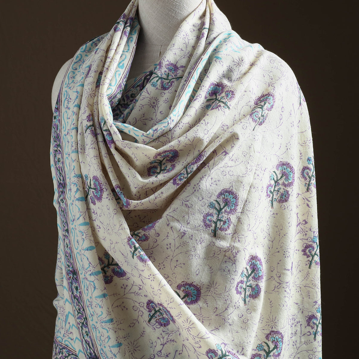 Floral Sanganeri Print Pure Merino Wool Handwoven Shawl 35
