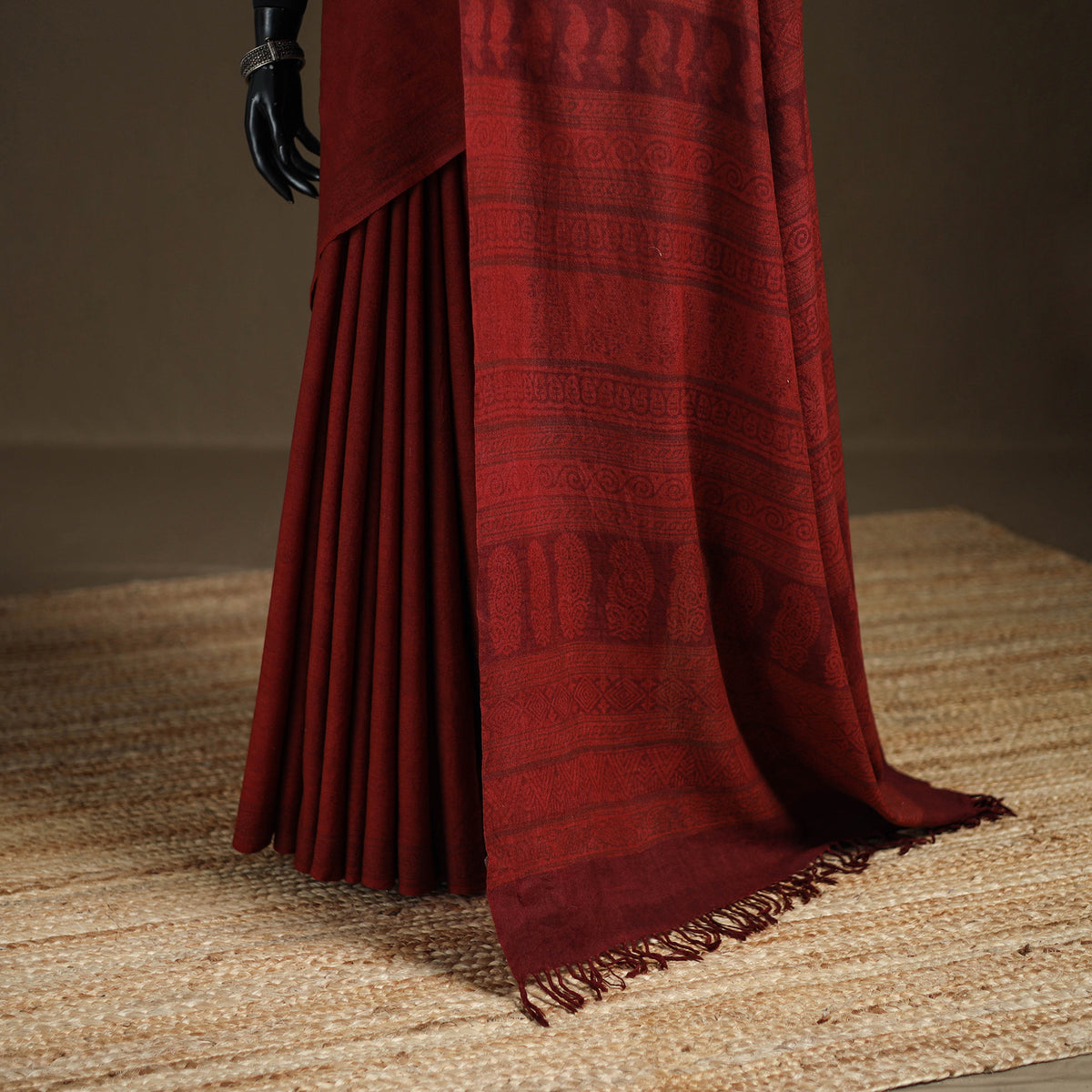 Handwoven Merino Wool Natural Dyed Hand Block Print Bagh Saree 04