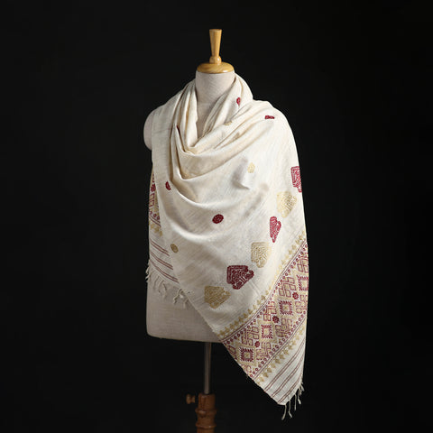 White - Handspun Handwoven Pure Eri Silk Aari Hand Embroidered Shawl of Assam 18