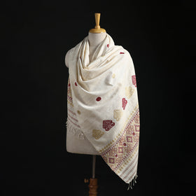 White - Handspun Handwoven Pure Eri Silk Aari Hand Embroidered Shawl of Assam 18