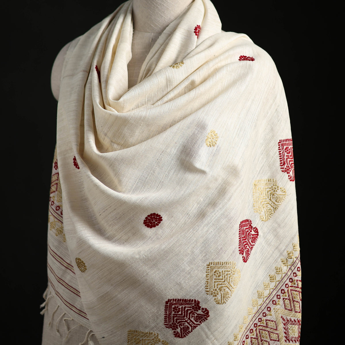 White - Handspun Handwoven Pure Eri Silk Aari Hand Embroidered Shawl of Assam 18