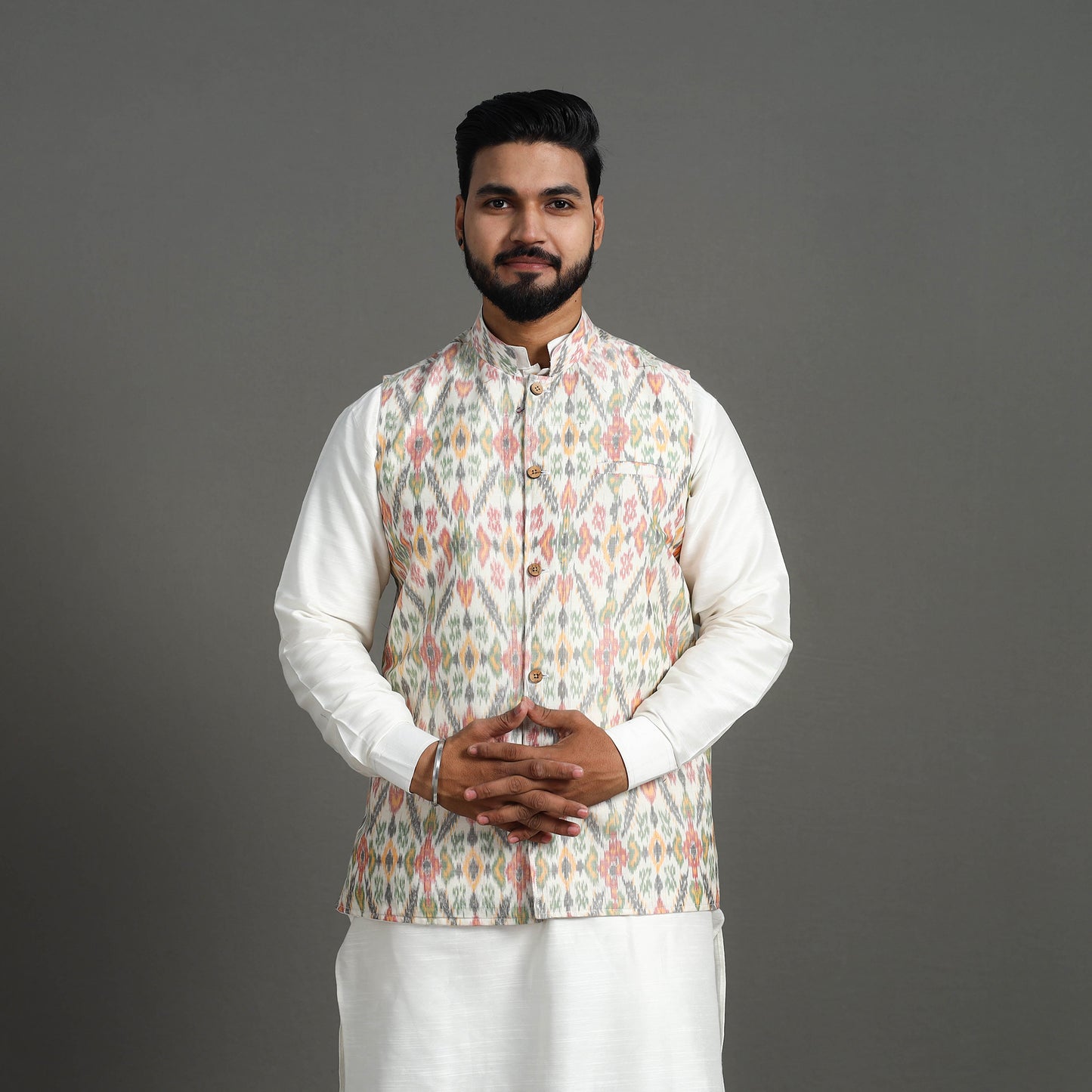 Multicolor - Silk Cotton Handwoven Pochampally Ikat Nehru Jacket 02