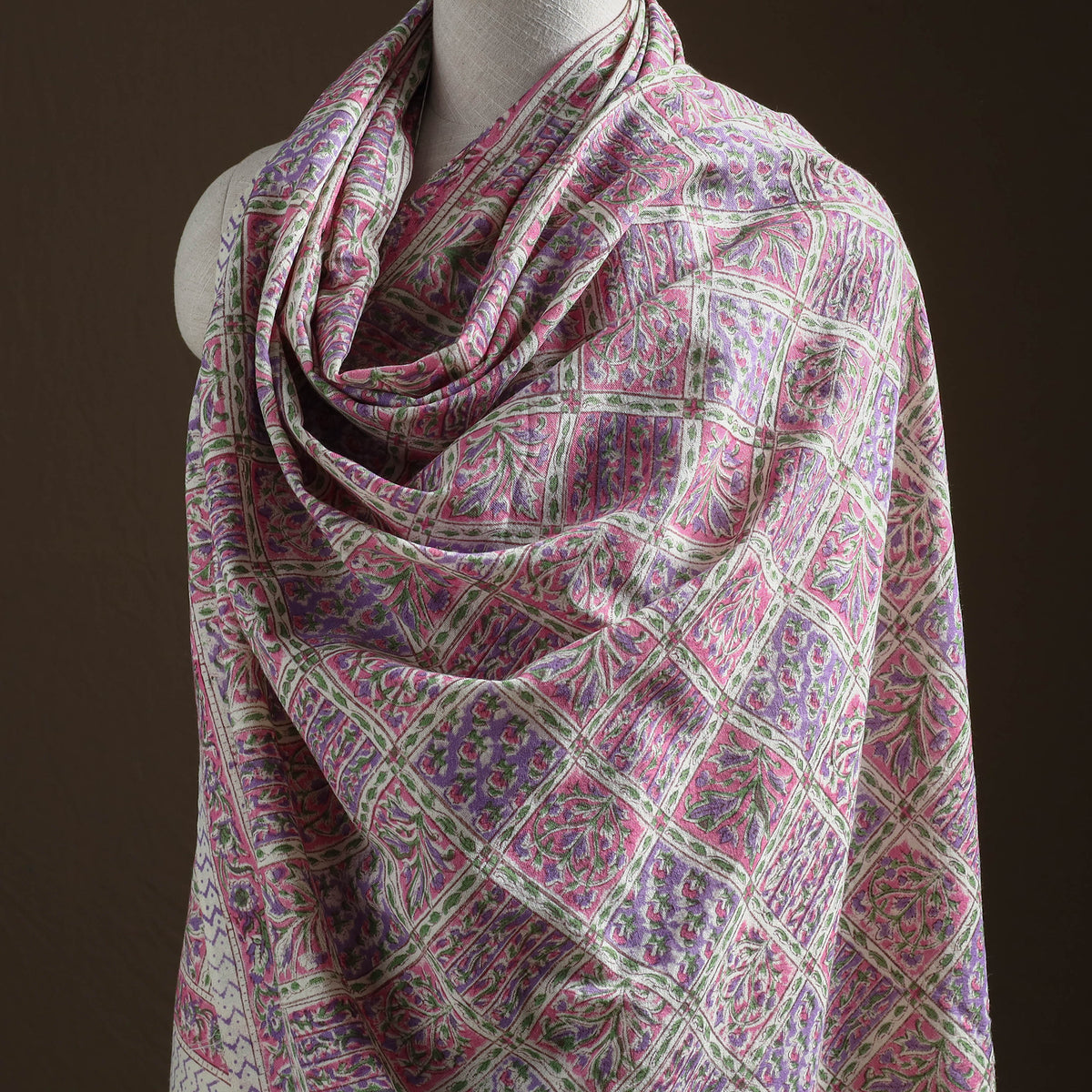 Floral Sanganeri Print Pure Merino Wool Handwoven Shawl 36
