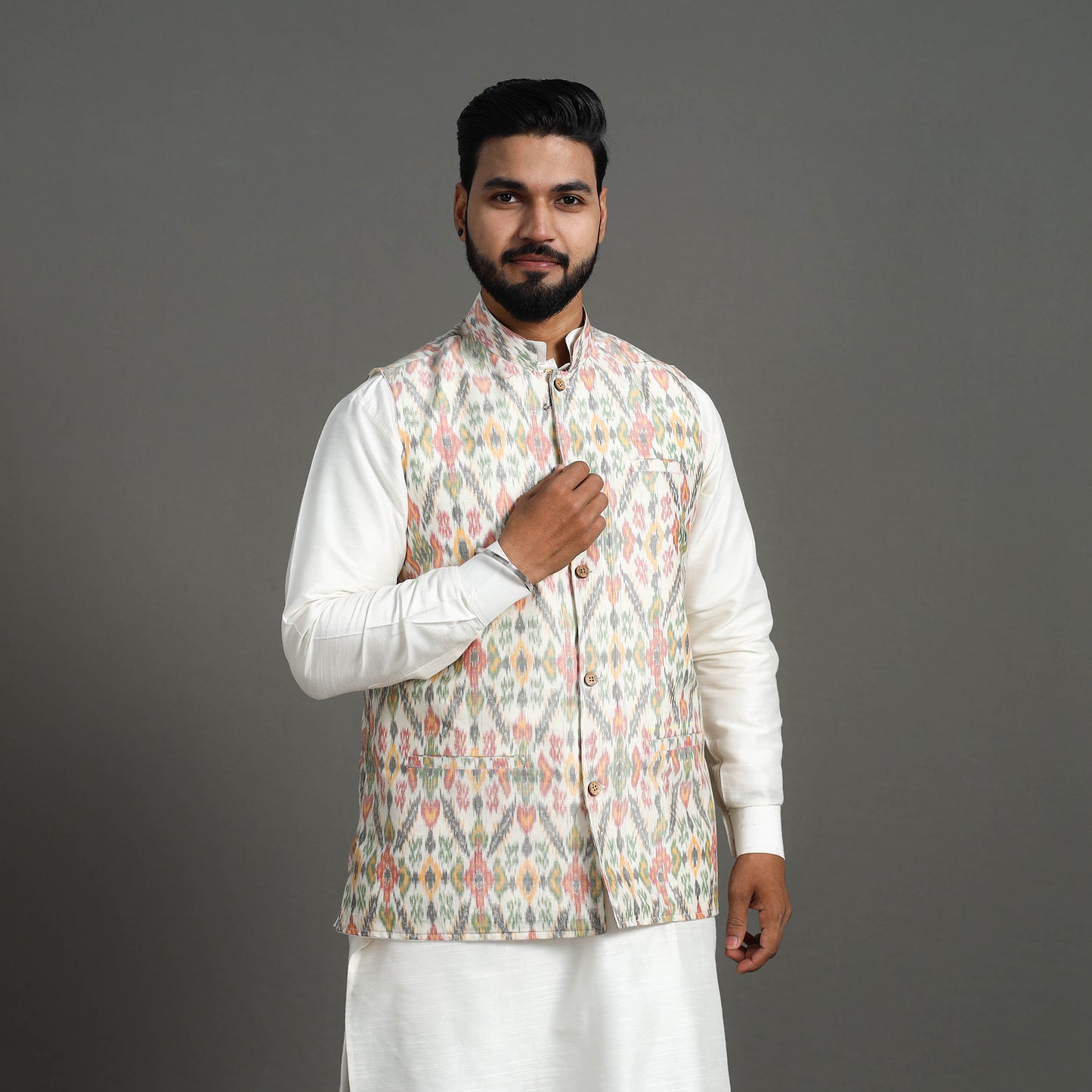 Multicolor - Silk Cotton Handwoven Pochampally Ikat Nehru Jacket 02