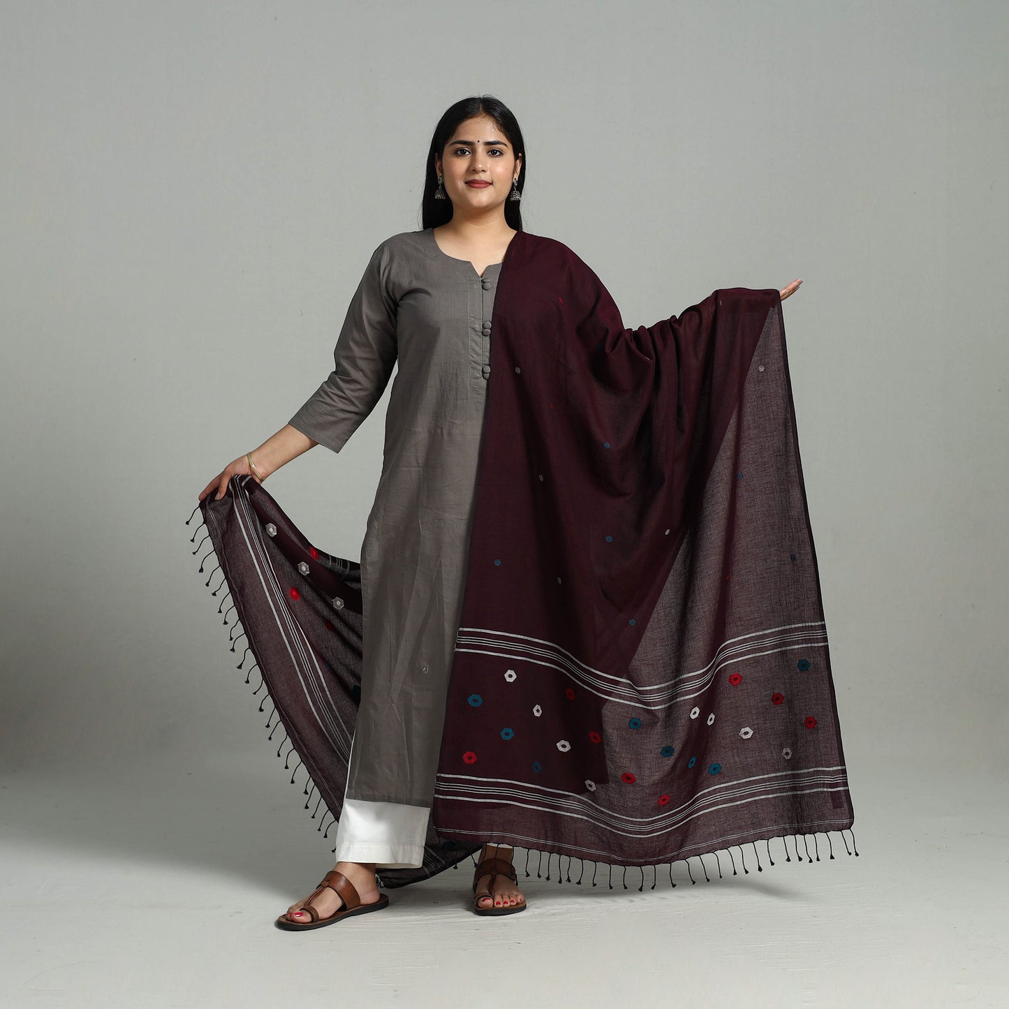 Brown - Handloom Cotton Burdwan Jamdani Dupatta 17