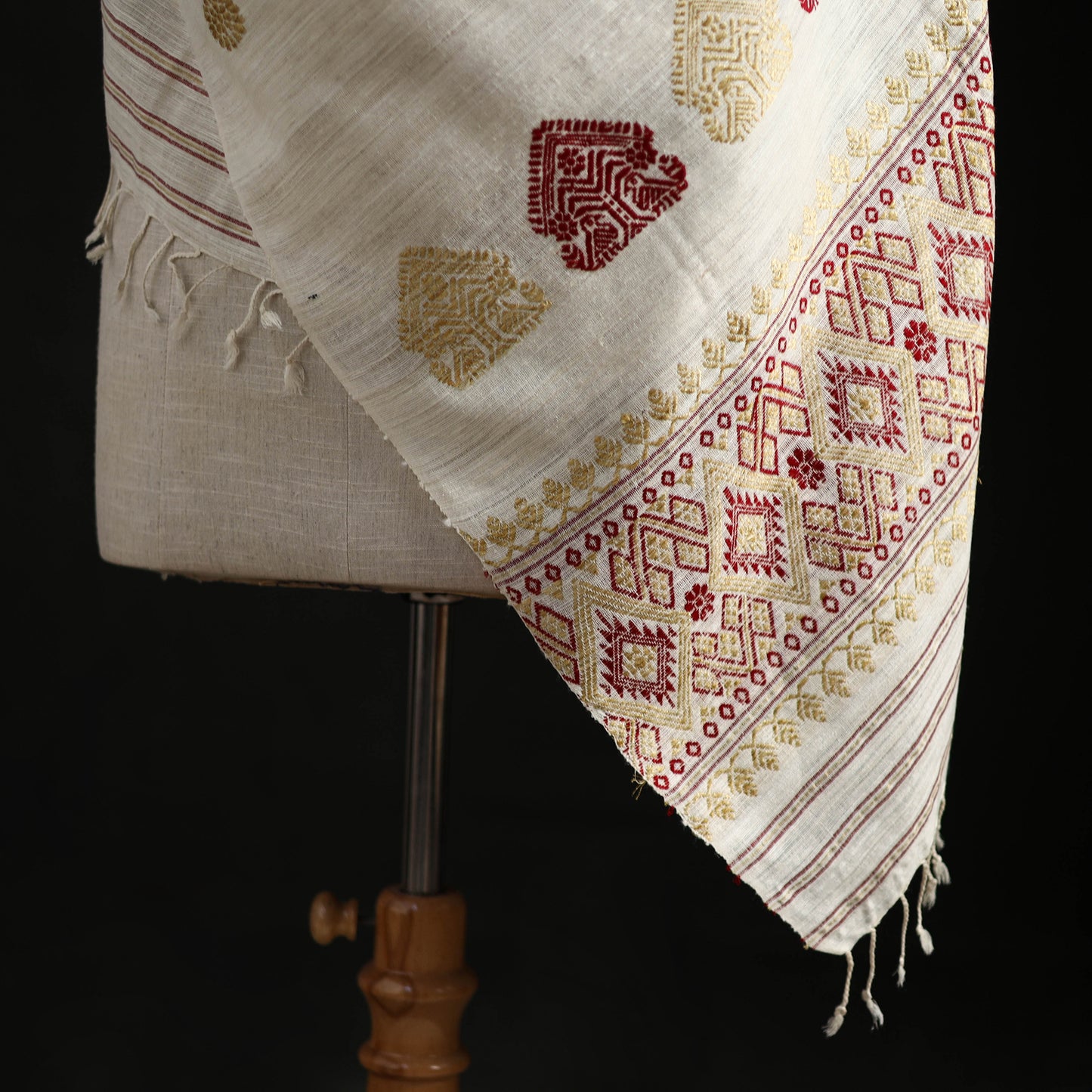 White - Handspun Handwoven Pure Eri Silk Aari Hand Embroidered Shawl of Assam 18