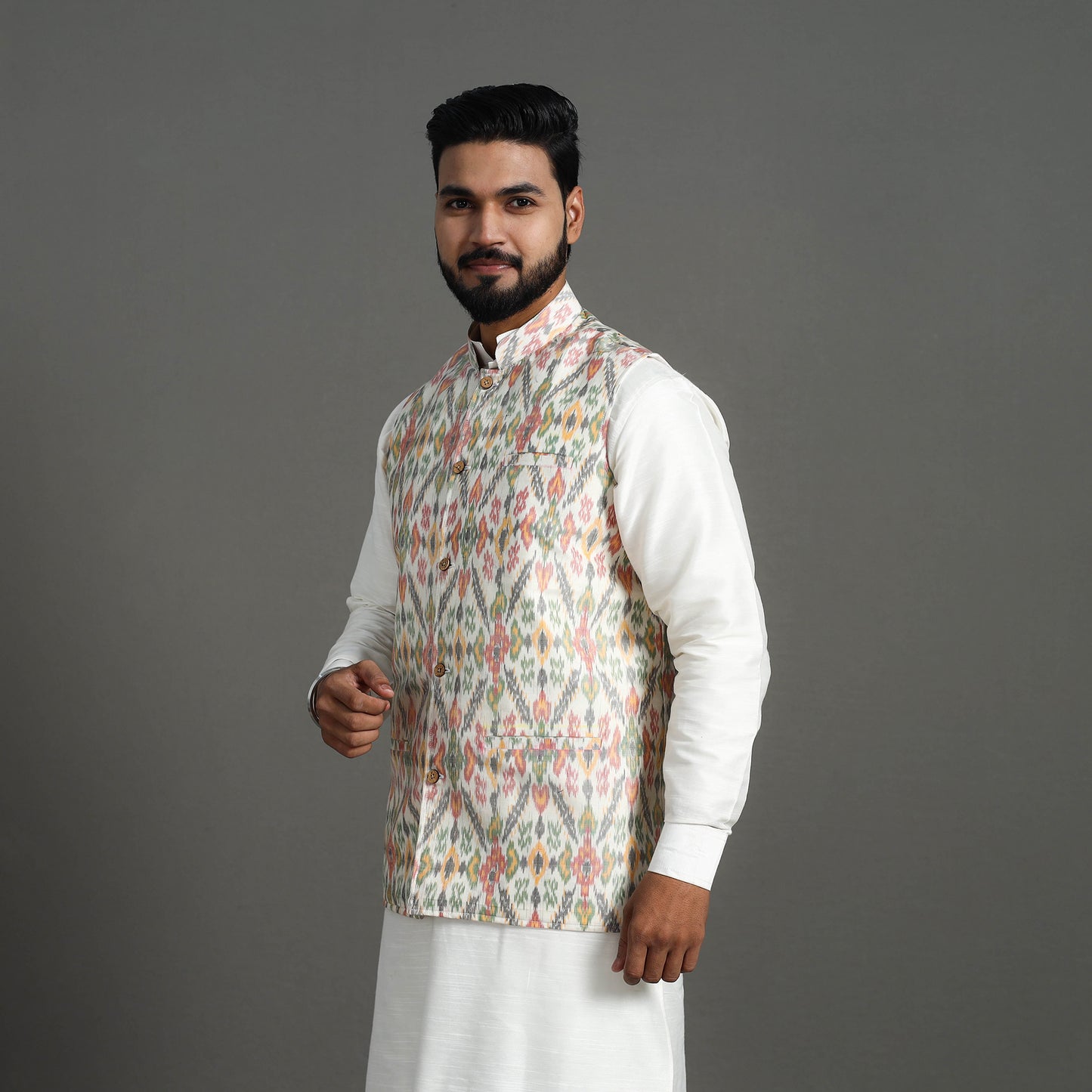 Multicolor - Silk Cotton Handwoven Pochampally Ikat Nehru Jacket 02