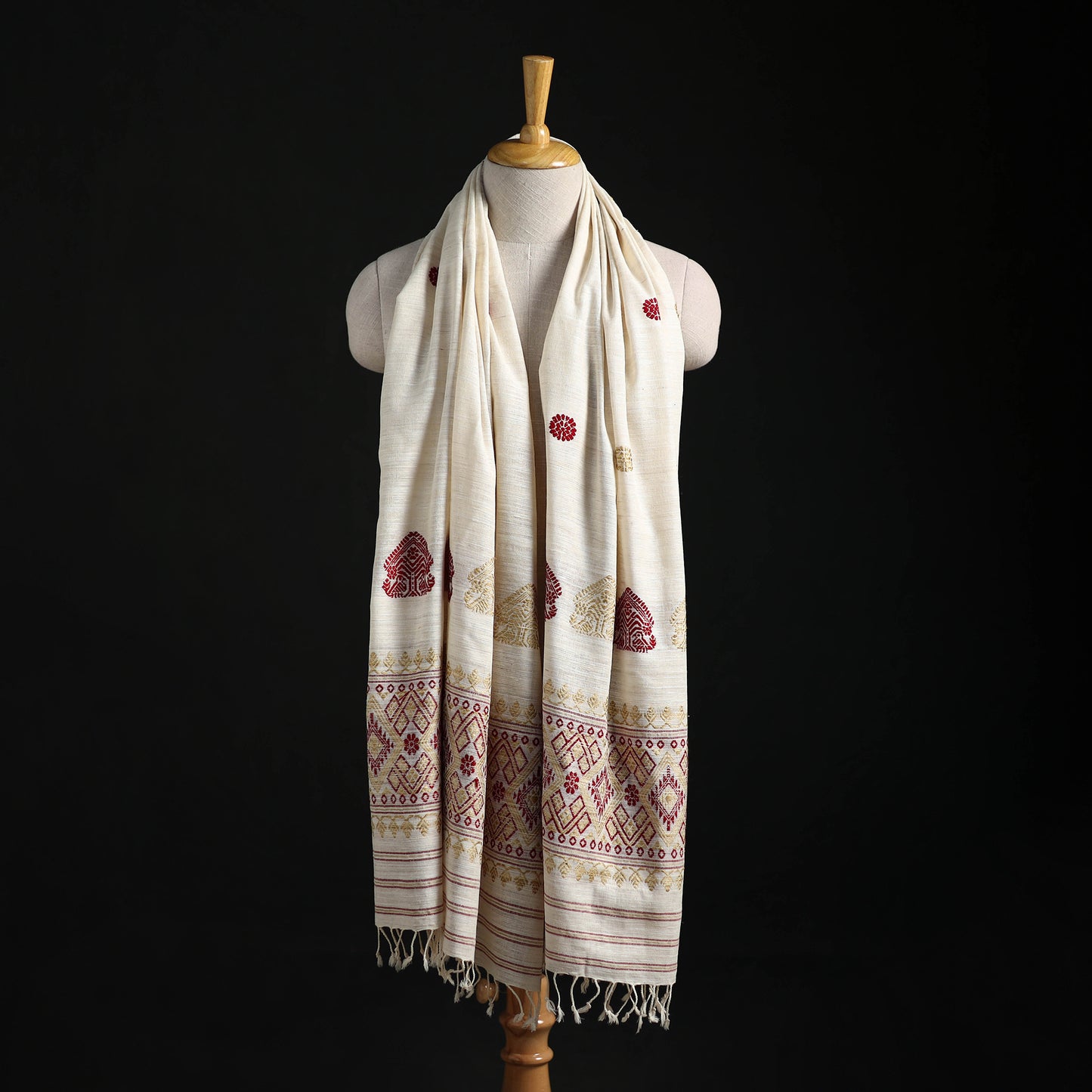 White - Handspun Handwoven Pure Eri Silk Aari Hand Embroidered Shawl of Assam 18