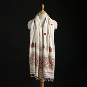 White - Handspun Handwoven Pure Eri Silk Aari Hand Embroidered Shawl of Assam 18