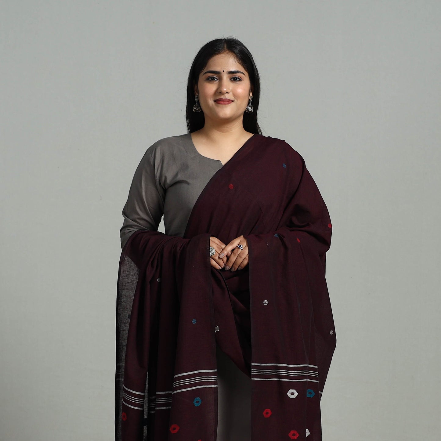 Brown - Handloom Cotton Burdwan Jamdani Dupatta 17