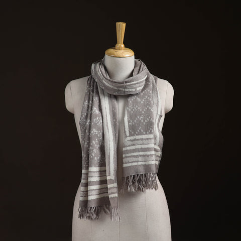 Grey - Bagru Dabu Hand Block Print Pure Merino Wool Handwoven Natural Dyed Stole 09