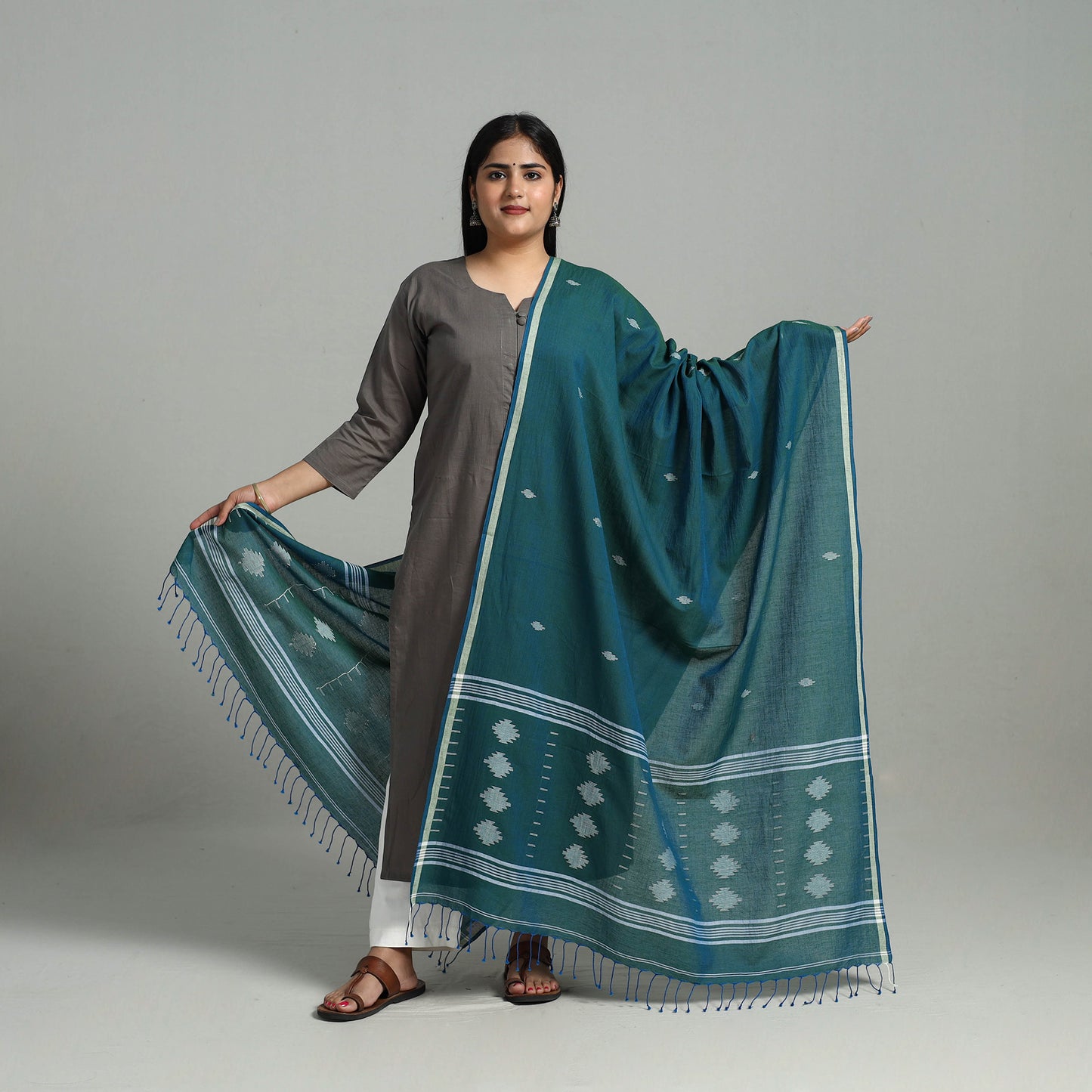 Teal Blue - Handloom Cotton Burdwan Jamdani Dupatta 18