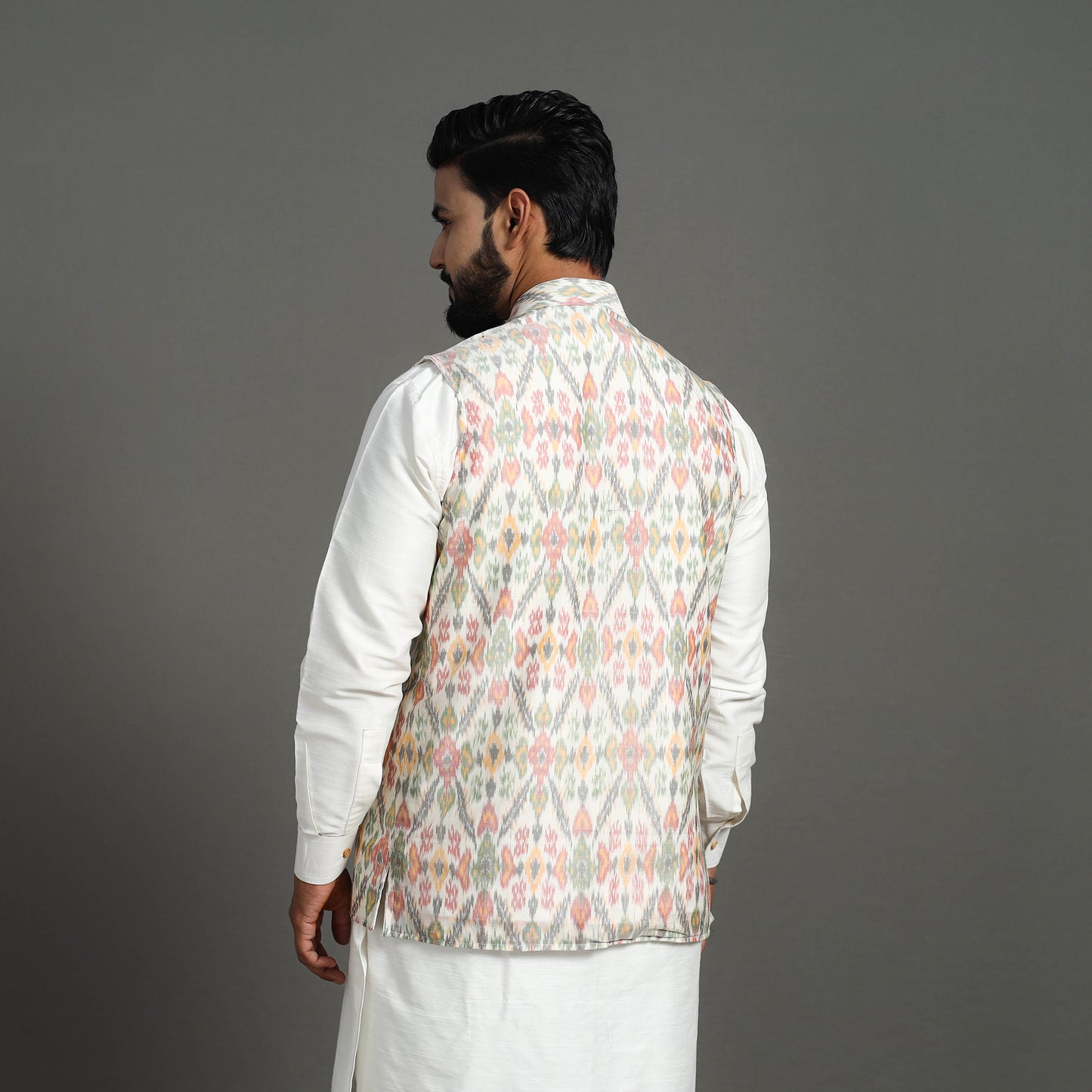 Multicolor - Silk Cotton Handwoven Pochampally Ikat Nehru Jacket 02