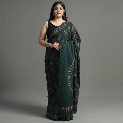 Green - Nandana Dabu Block Printed Mul Cotton Saree 05