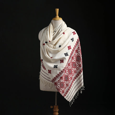 White - Handspun Handwoven Pure Eri Silk Aari Hand Embroidered Shawl of Assam 19