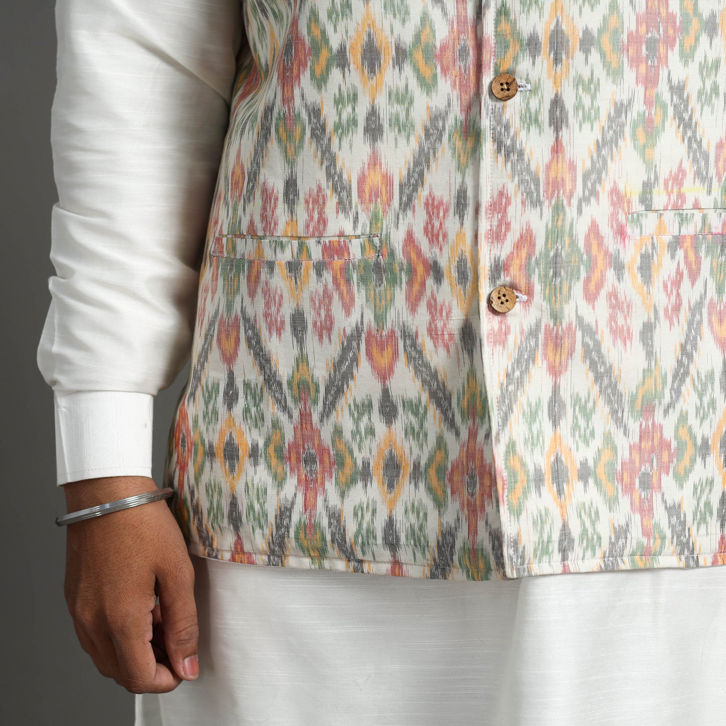 Multicolor - Silk Cotton Handwoven Pochampally Ikat Nehru Jacket 02