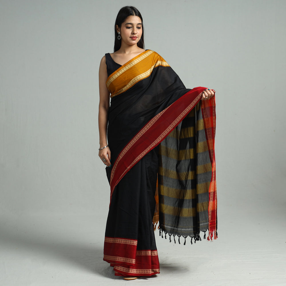 Black - Traditional Narayanpet Mercerised Cotton Saree with Thread Border 70