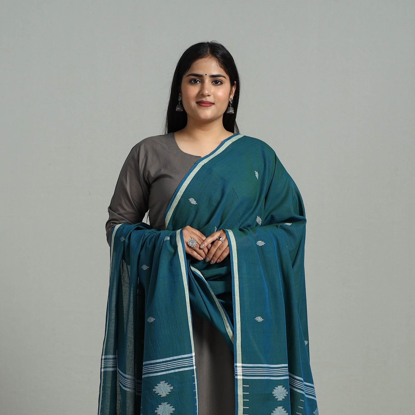 Teal Blue - Handloom Cotton Burdwan Jamdani Dupatta 18