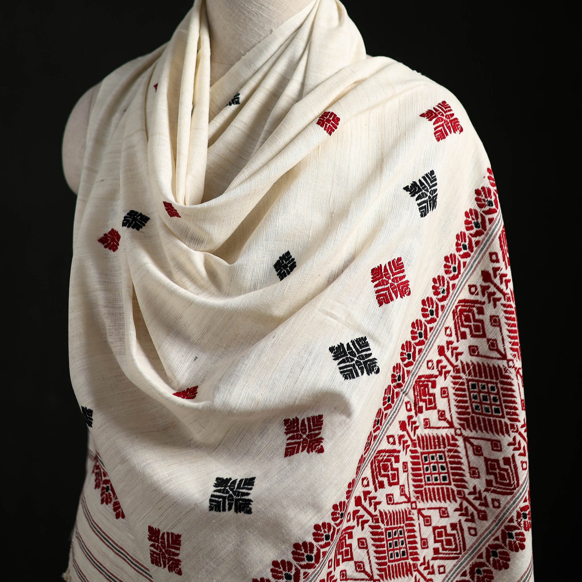 White - Handspun Handwoven Pure Eri Silk Aari Hand Embroidered Shawl of Assam 19