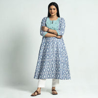 Blue - Special Pochampally Ikat Weave Mirror Work Kala Cotton Patchwork A-Line Kurta