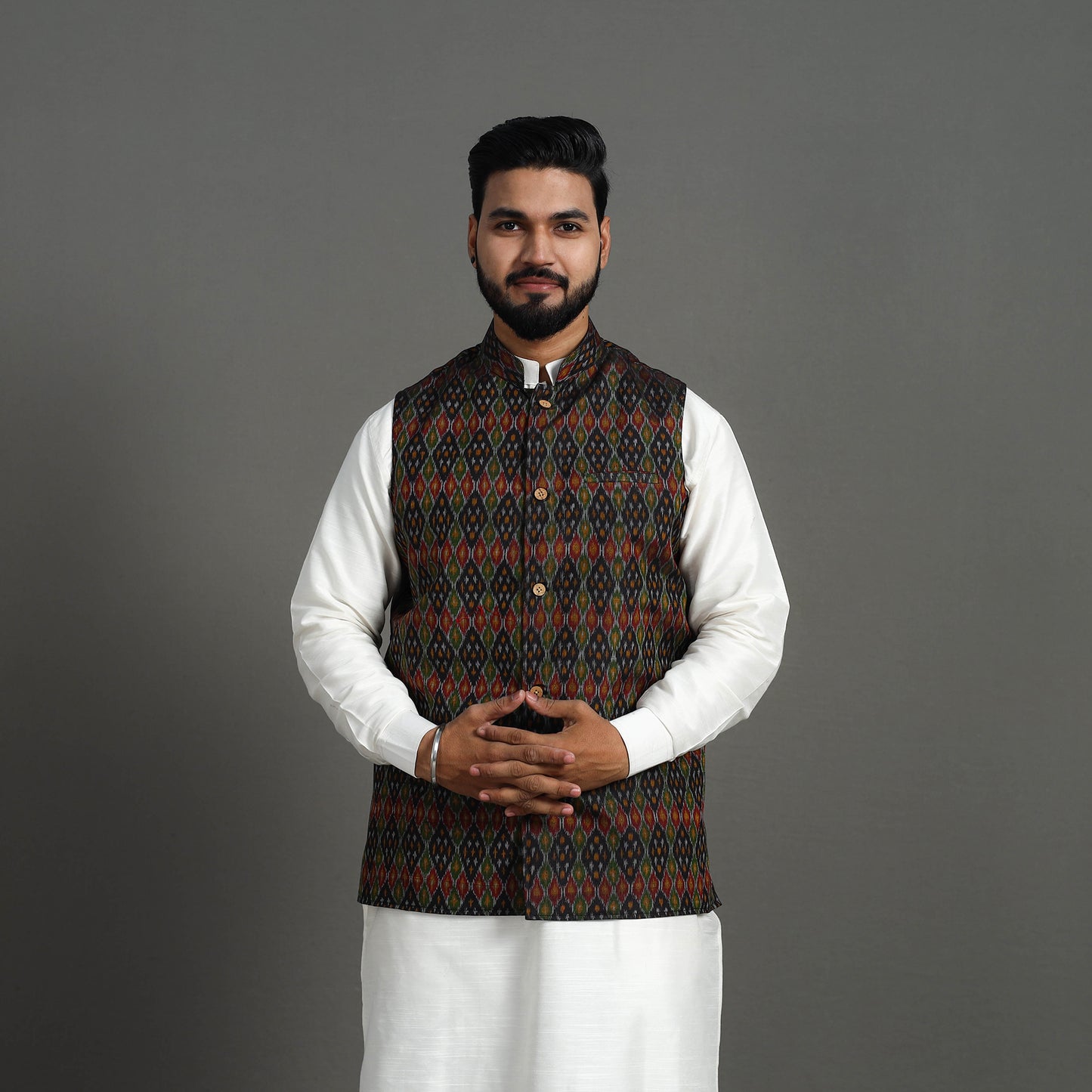 Multicolor - Silk Cotton Handwoven Pochampally Ikat Nehru Jacket 09