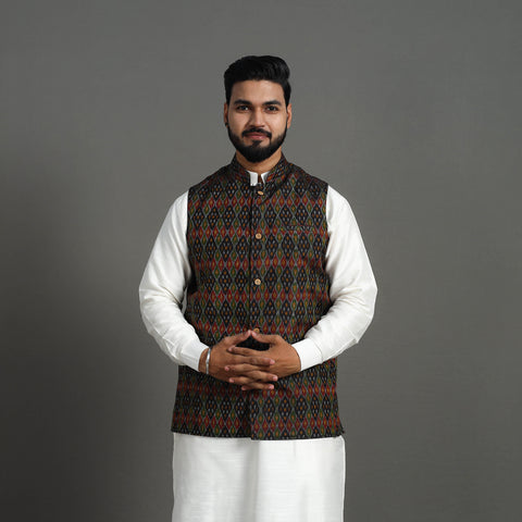 Multicolor - Silk Cotton Handwoven Pochampally Ikat Nehru Jacket 09