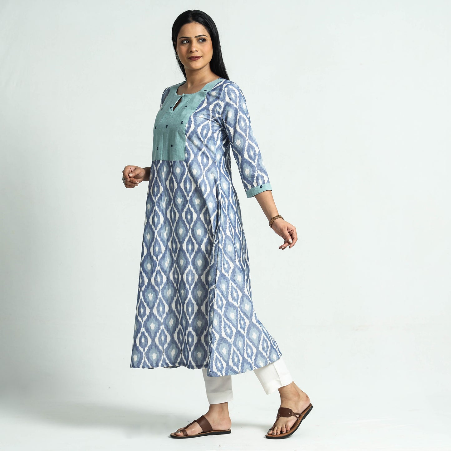 Blue - Special Pochampally Ikat Weave Mirror Work Kala Cotton Patchwork A-Line Kurta