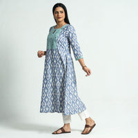 Blue - Special Pochampally Ikat Weave Mirror Work Kala Cotton Patchwork A-Line Kurta