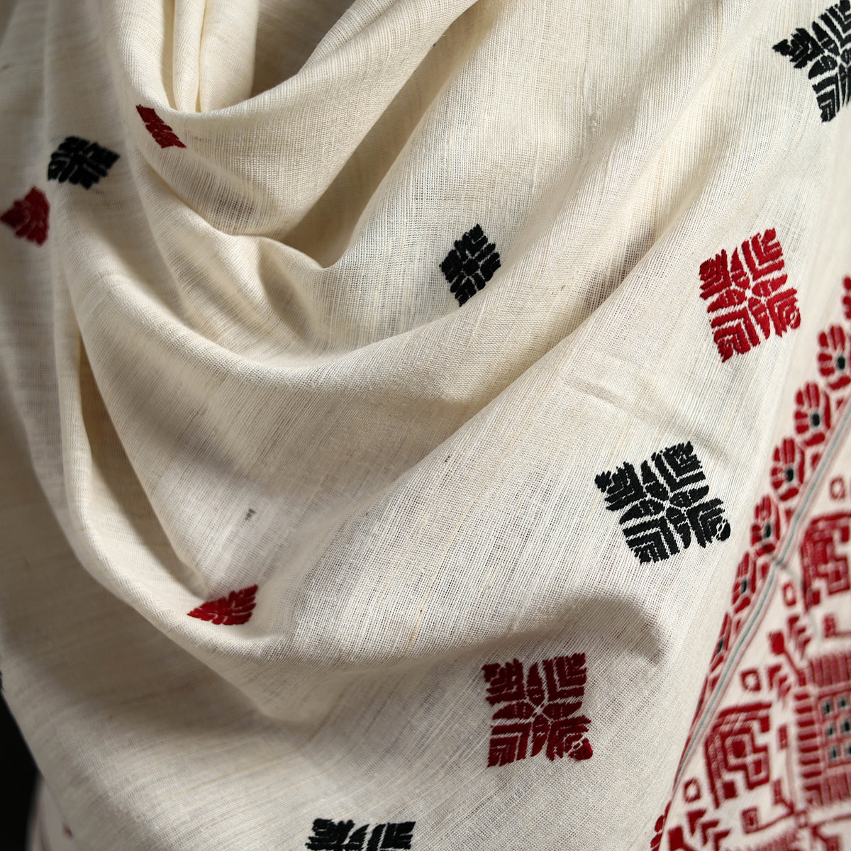 White - Handspun Handwoven Pure Eri Silk Aari Hand Embroidered Shawl of Assam 19