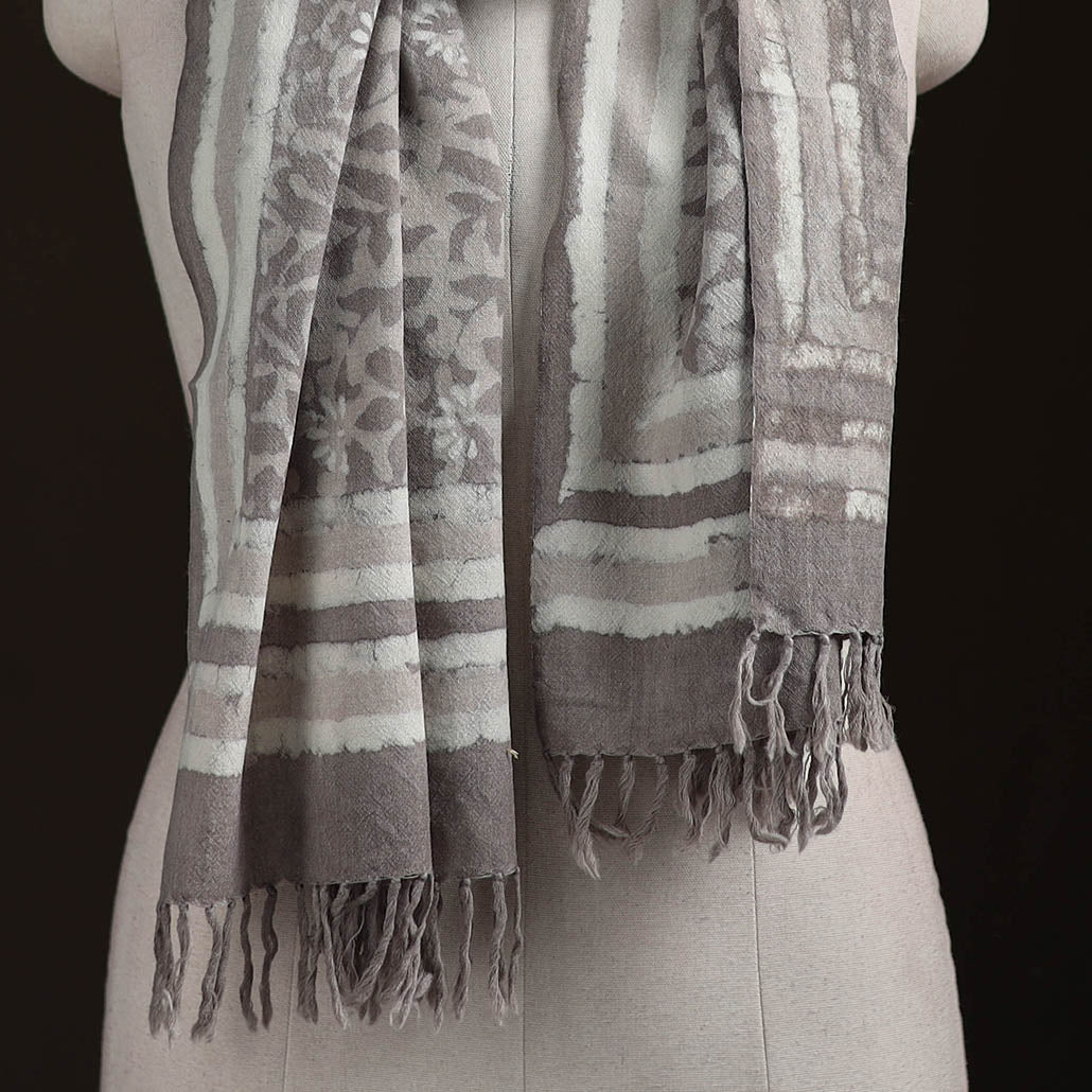 Bagru Dabu Hand Block Print Pure Merino Wool Handwoven Natural Dyed Stole 03