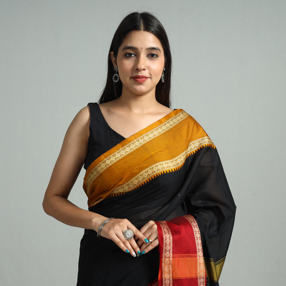 Black - Traditional Narayanpet Mercerised Cotton Saree with Thread Border 70