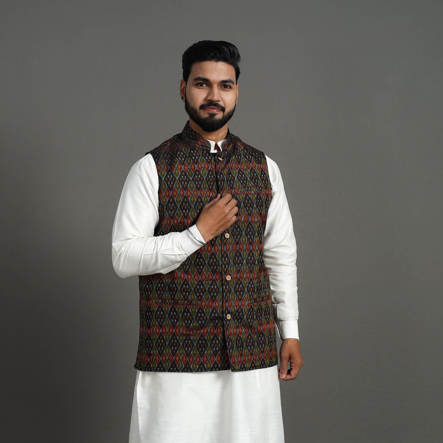 Multicolor - Silk Cotton Handwoven Pochampally Ikat Nehru Jacket 09