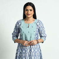 Blue - Special Pochampally Ikat Weave Mirror Work Kala Cotton Patchwork A-Line Kurta