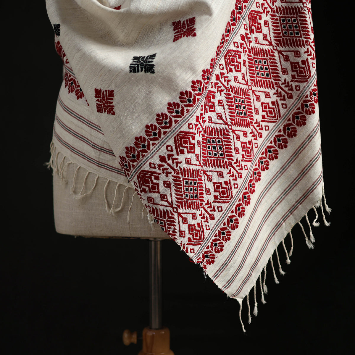 White - Handspun Handwoven Pure Eri Silk Aari Hand Embroidered Shawl of Assam 19