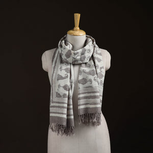 White - Bagru Dabu Hand Block Print Pure Merino Wool Handwoven Natural Dyed Stole 01