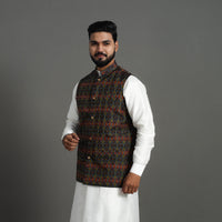 Multicolor - Silk Cotton Handwoven Pochampally Ikat Nehru Jacket 09