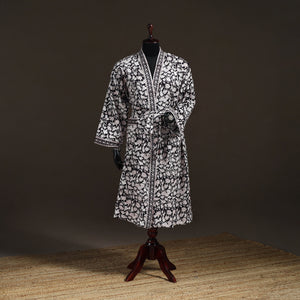 Black - Sanganeri Hand Block Print Waffle Weave Cotton Bath Robe 05