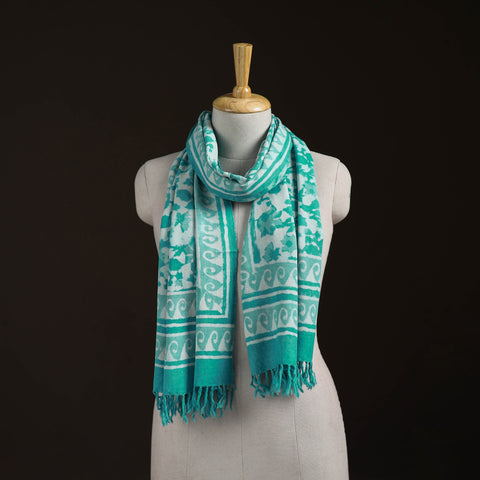 Blue - Bagru Dabu Hand Block Print Pure Merino Wool Handwoven Natural Dyed Stole 02