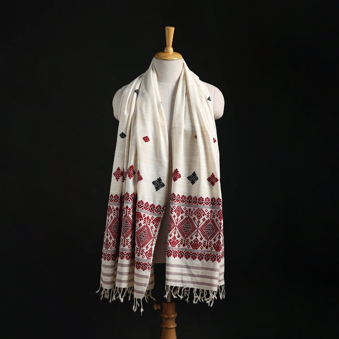 White - Handspun Handwoven Pure Eri Silk Aari Hand Embroidered Shawl of Assam 19