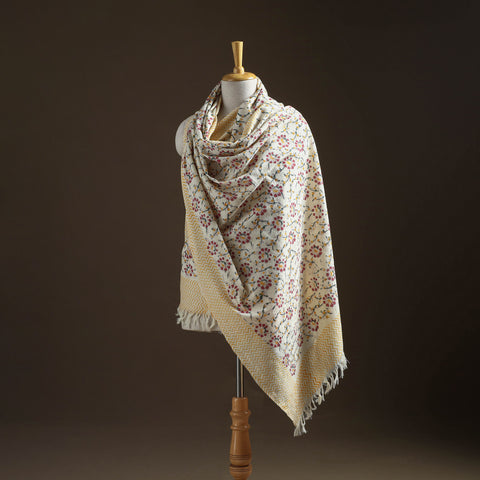 Floral sanganeri print pure merino wool handwoven shawl 38