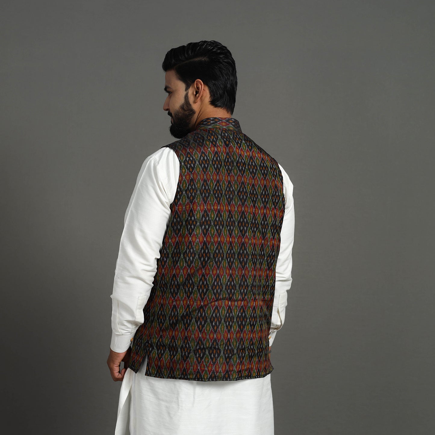 Multicolor - Silk Cotton Handwoven Pochampally Ikat Nehru Jacket 09