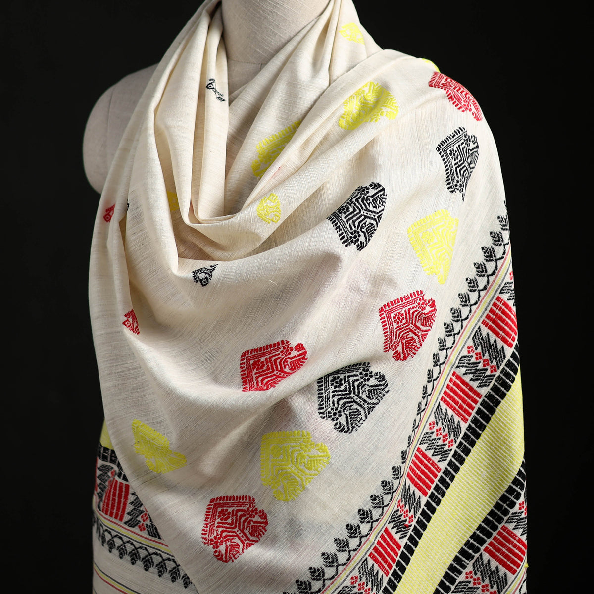 White - Handspun Handwoven Pure Eri Silk Aari Hand Embroidered Shawl of Assam 20