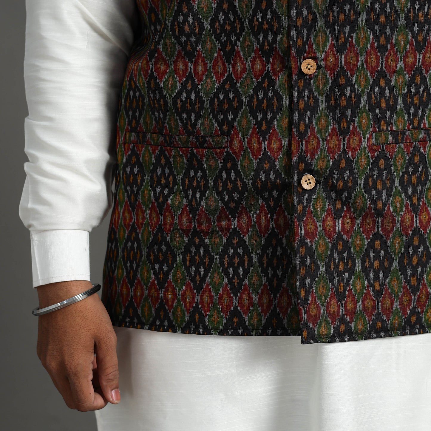 Multicolor - Silk Cotton Handwoven Pochampally Ikat Nehru Jacket 09